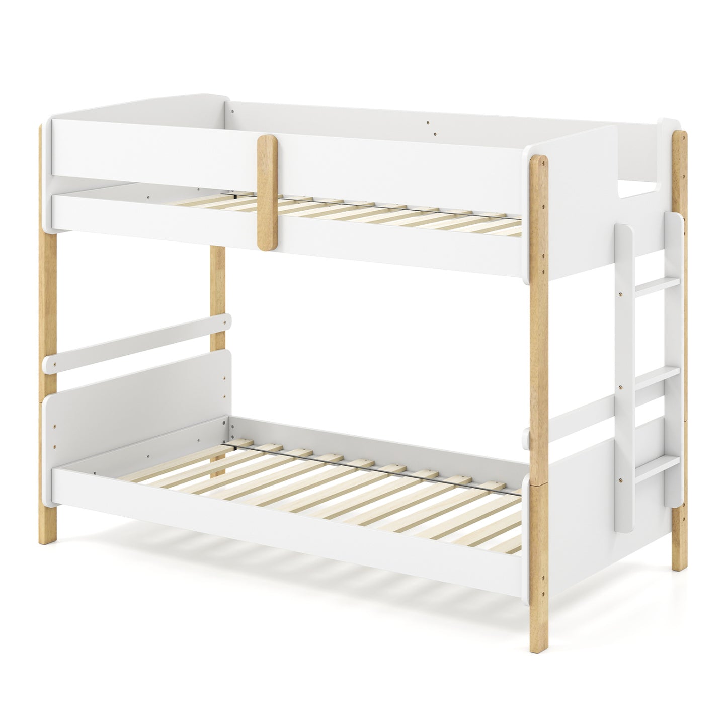 Grey twin-over-twin wooden bunk bed with ladder, convertible to two twin beds, suitable for toddler and kids bedrooms.