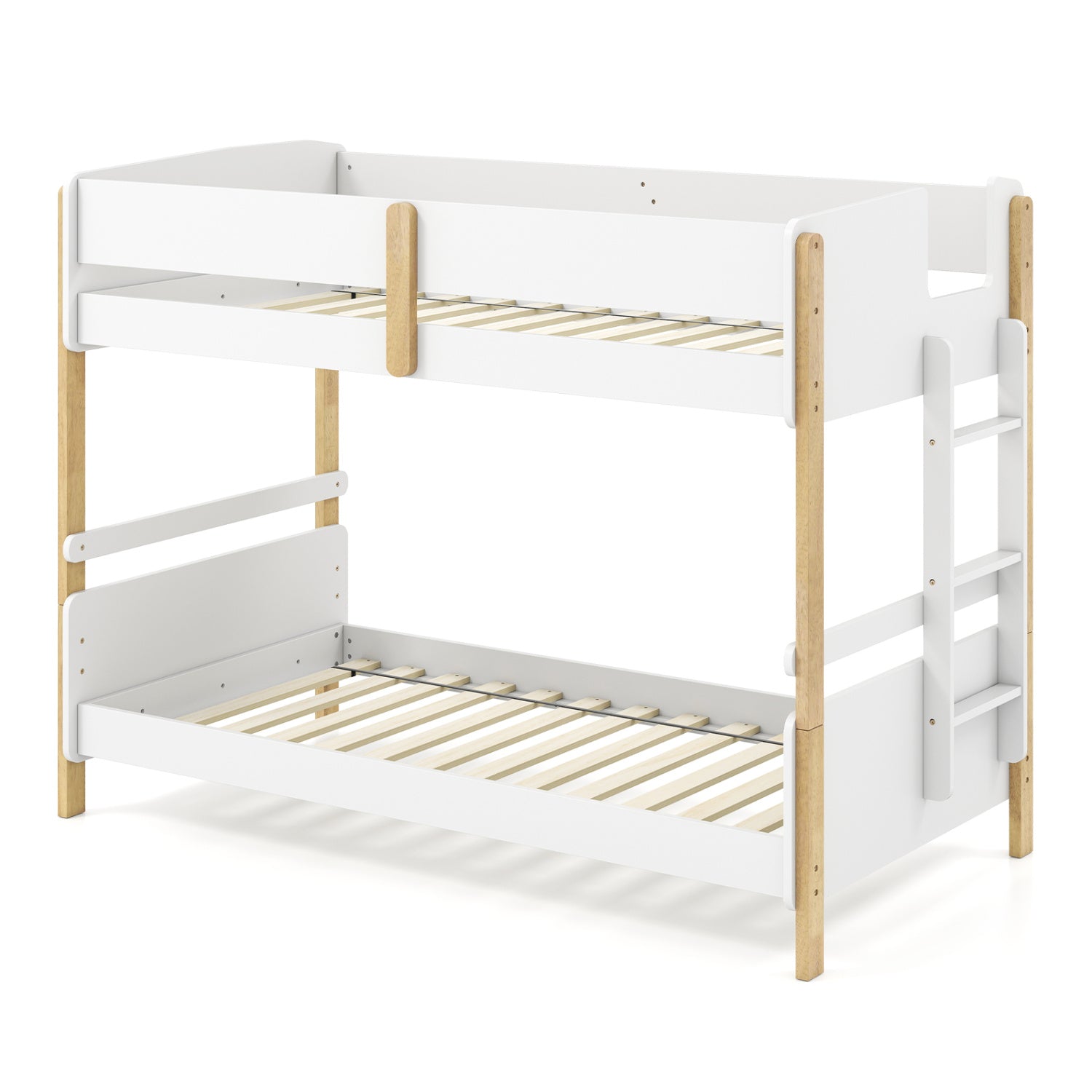 Grey twin-over-twin wooden bunk bed with ladder, convertible to two twin beds, suitable for toddler and kids bedrooms.