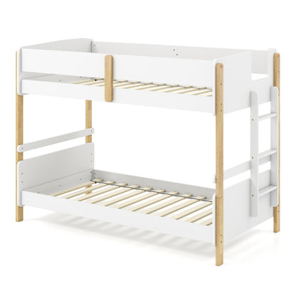 Grey twin-over-twin wooden bunk bed with ladder, convertible to two twin beds, suitable for toddler and kids bedrooms.