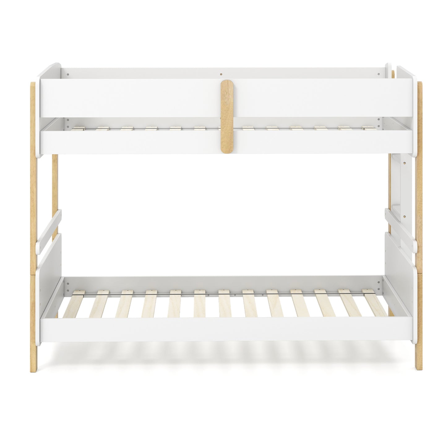Grey twin over twin wooden bunk bed with ladder, convertible to two separate toddler beds, perfect for kids' bedroom.
