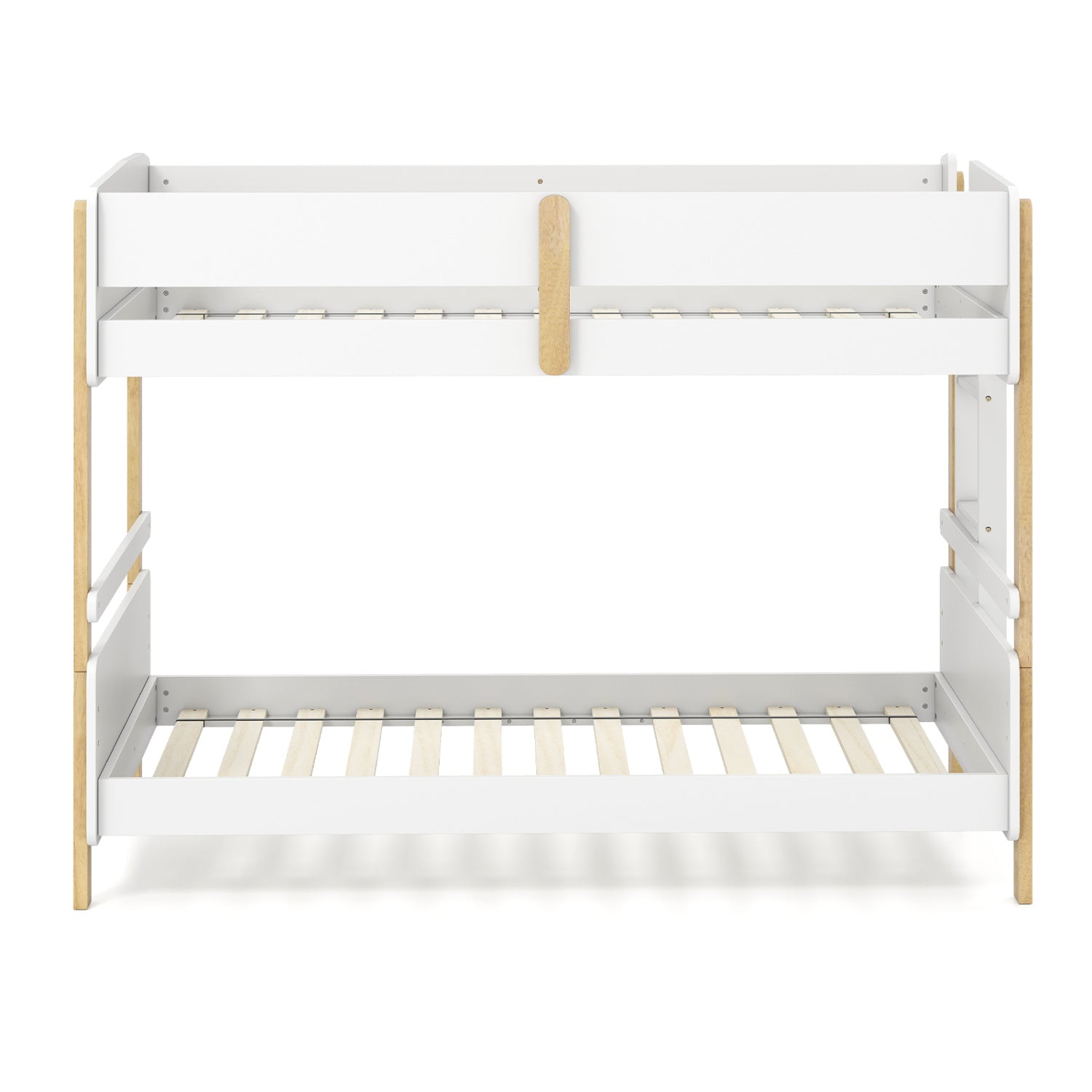 Grey twin over twin wooden bunk bed with ladder, convertible to two separate toddler beds, perfect for kids' bedroom.