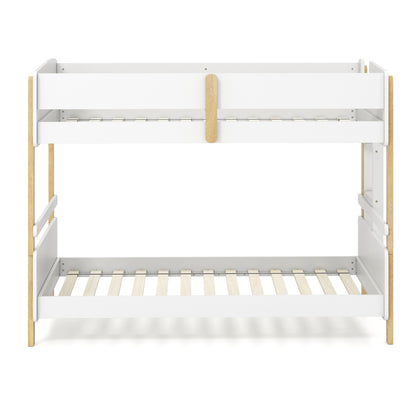 Grey twin over twin wooden bunk bed with ladder, convertible to two separate toddler beds, perfect for kids' bedroom.