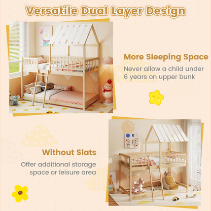 Twin Over Twin House Bunk Bed with Roof and Full-length Guardrails for Kids Teens Boys Girls-Natural