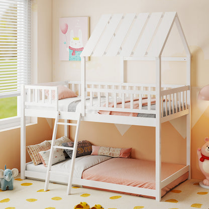 Twin Over Twin House Bunk Bed with Roof and Full-length Guardrails for Kids Teens Boys Girls-Natural