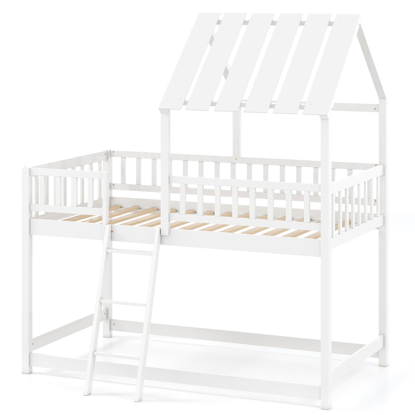 Twin Over Twin House Bunk Bed with Roof and Full-length Guardrails for Kids Teens Boys Girls-Natural