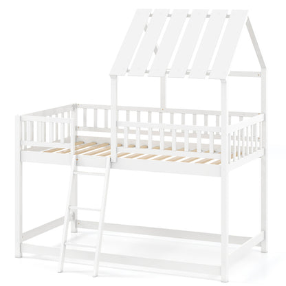 Twin Over Twin House Bunk Bed with Roof and Full-length Guardrails for Kids Teens Boys Girls-Natural