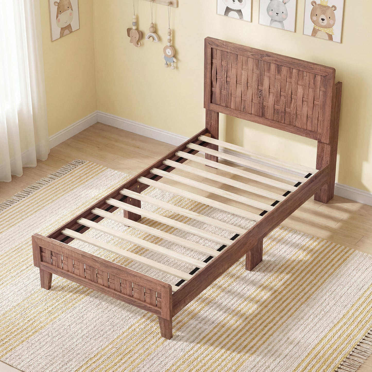 Twin Size Bed Frame Mid Century with Woven Accent Headboard