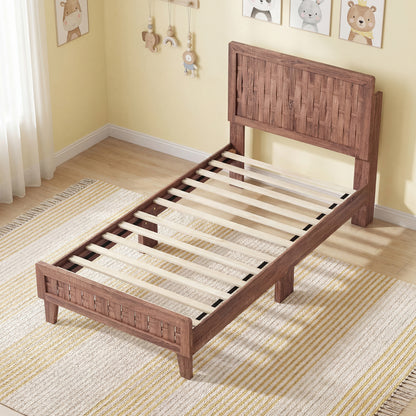 Twin Size Bed Frame Mid Century with Woven Accent Headboard