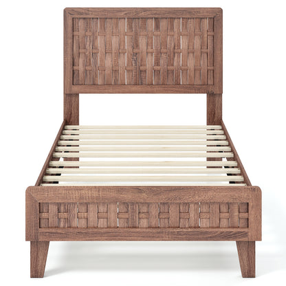 Twin Size Bed Frame Mid Century with Woven Accent Headboard