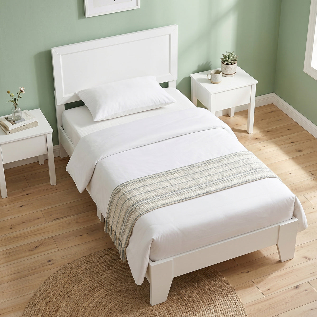 Twin size walnut bed frame with headboard, simple design, no box spring needed, suitable for small bedrooms.