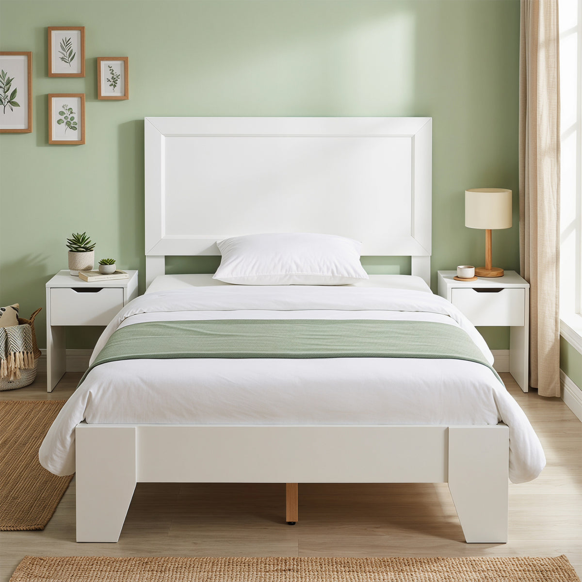 Twin size walnut bed frame with headboard, no box spring needed, ideal for small bedrooms, from Direct by Wilsons Home Store.