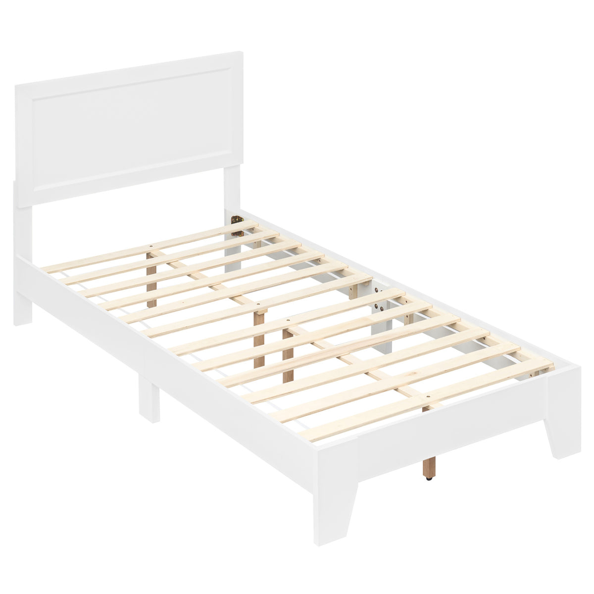 Twin size walnut bed frame with headboard, sleek simple design perfect for small bedrooms, no box spring needed.