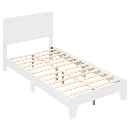 Twin size walnut bed frame with headboard, sleek simple design perfect for small bedrooms, no box spring needed.