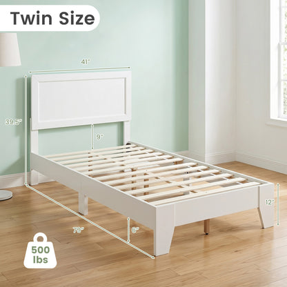 Twin size walnut bed frame with headboard, no box spring needed, suitable for small bedrooms, sturdy modern bedroom furniture