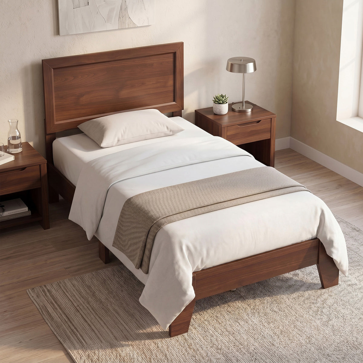 Twin size walnut bed frame with headboard, simple design, no box spring needed, suitable for small bedrooms.