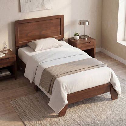 Twin size walnut bed frame with headboard, simple design, no box spring needed, suitable for small bedrooms.