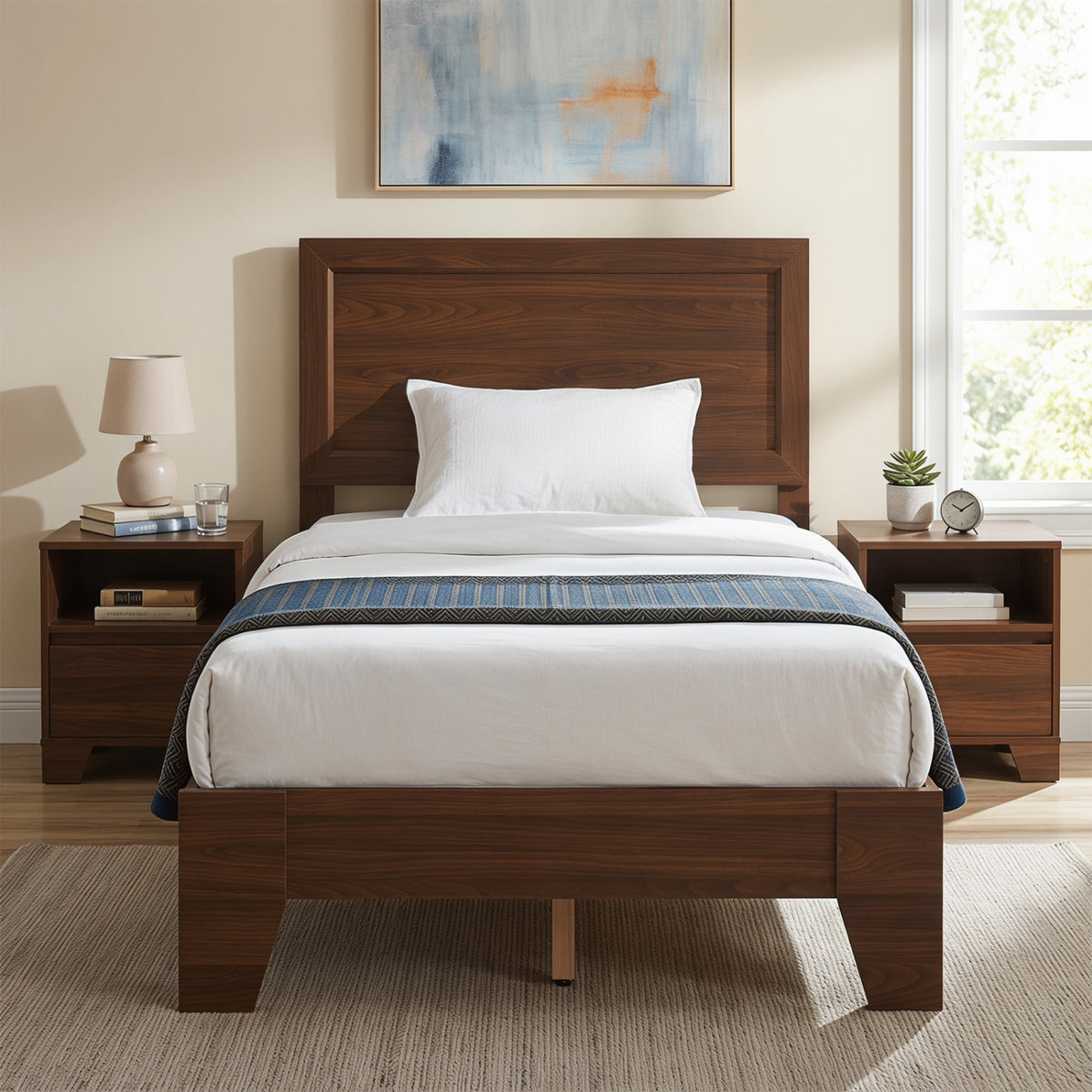 Twin size walnut bed frame with headboard, no box spring needed, ideal for small bedrooms, from Wilsons Home Store.
