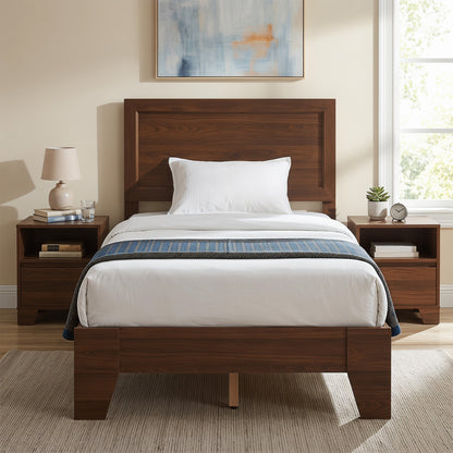 Twin size walnut bed frame with headboard, no box spring needed, ideal for small bedrooms, from Wilsons Home Store.