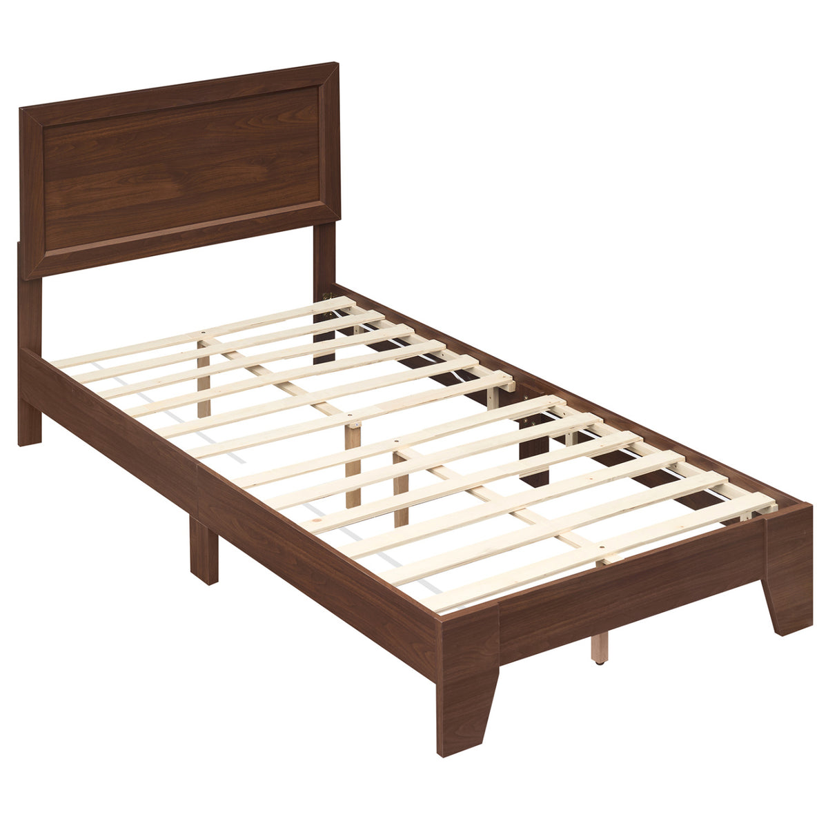 Twin size walnut bed frame with headboard, simple design, no box spring needed, suitable for small bedrooms, by Wilsons Home Store