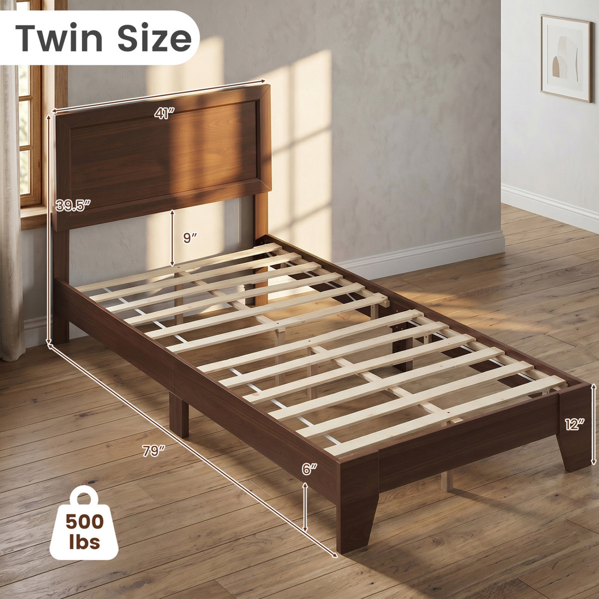 Twin size walnut bed frame with headboard, no box spring needed, modern furniture for small bedrooms, by Wilsons Home Store