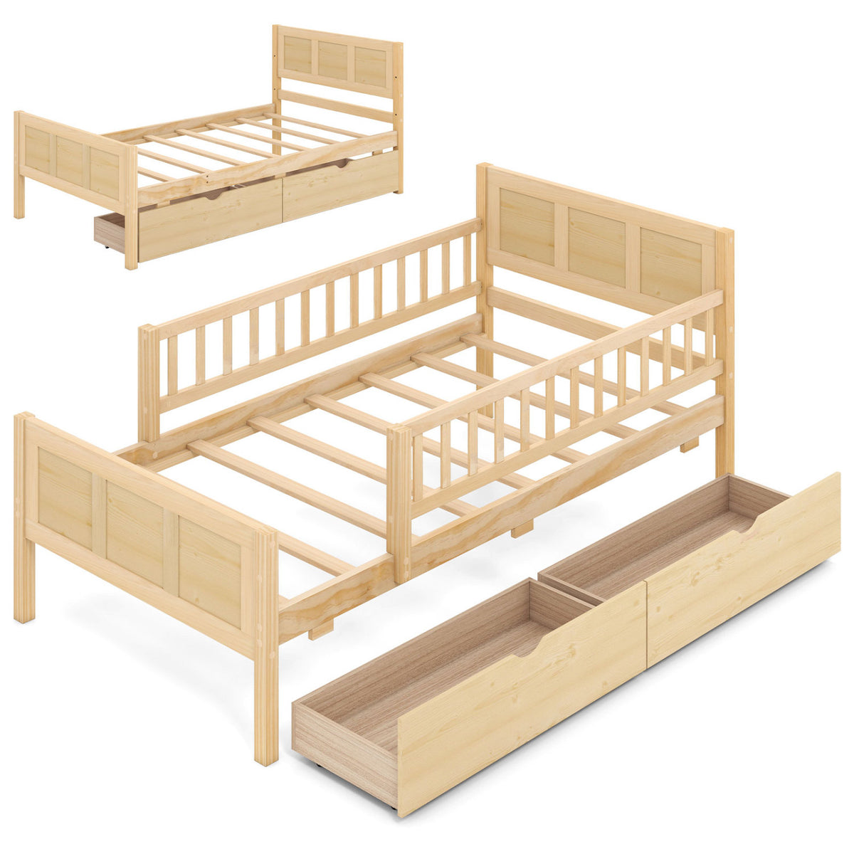 Twin Size Bed Frame with Storage Drawers Natural