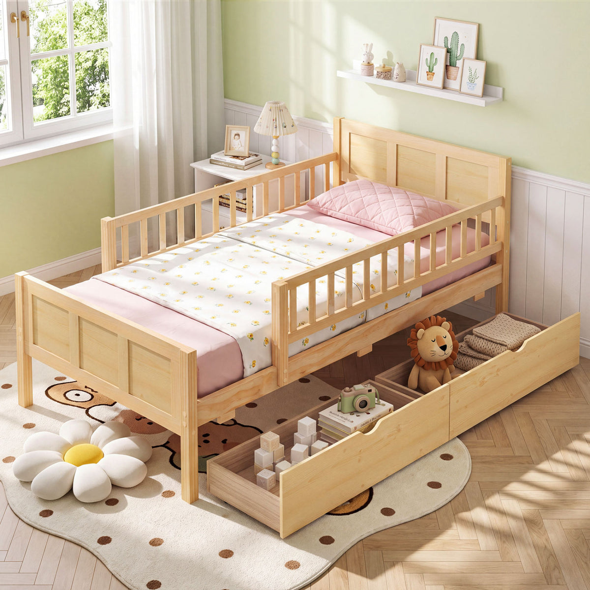 Twin Size Bed Frame with Storage Drawers Natural