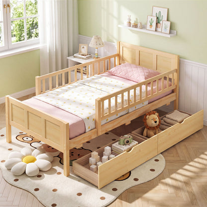 Twin Size Bed Frame with Storage Drawers Natural