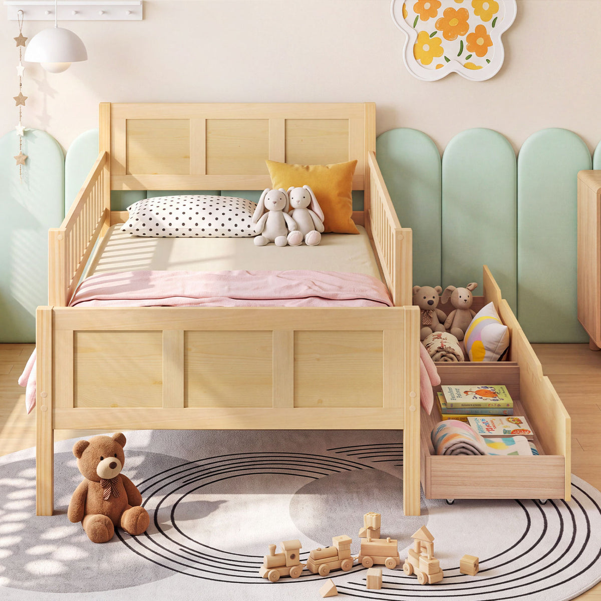 Twin Size Bed Frame with Storage Drawers Natural