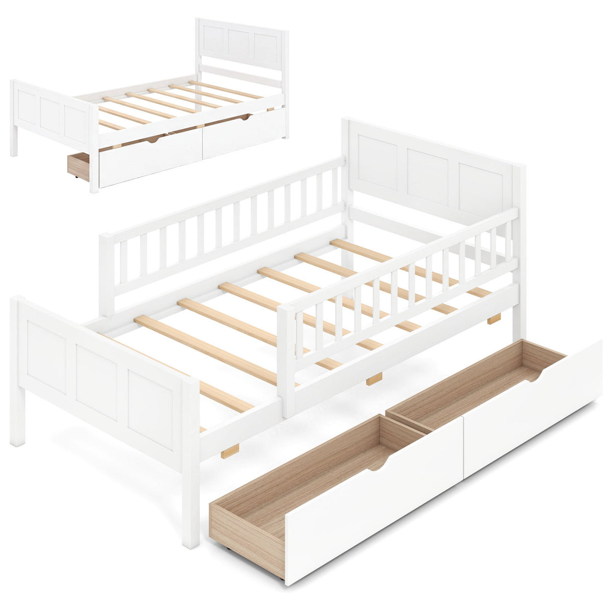 Twin Size Bed Frame with Detachable Guardrails White