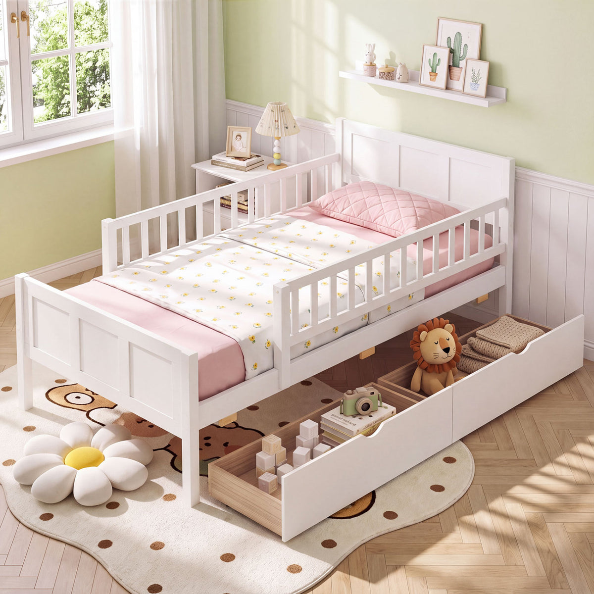 Twin Size Bed Frame with Detachable Guardrails White