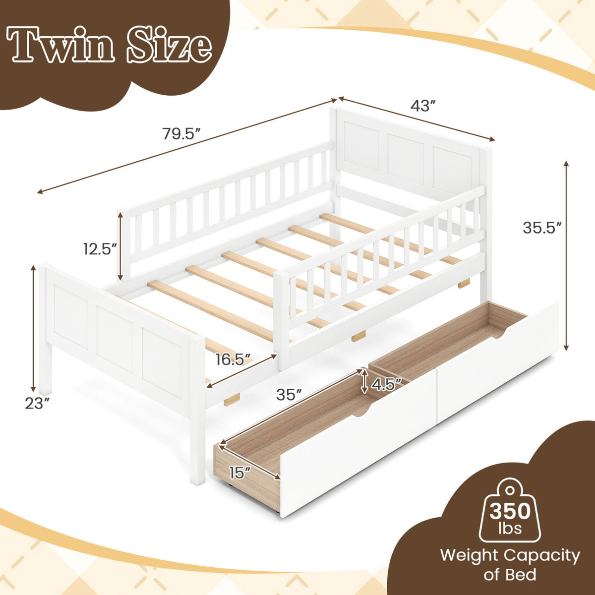 Twin Size Bed Frame with Detachable Guardrails White