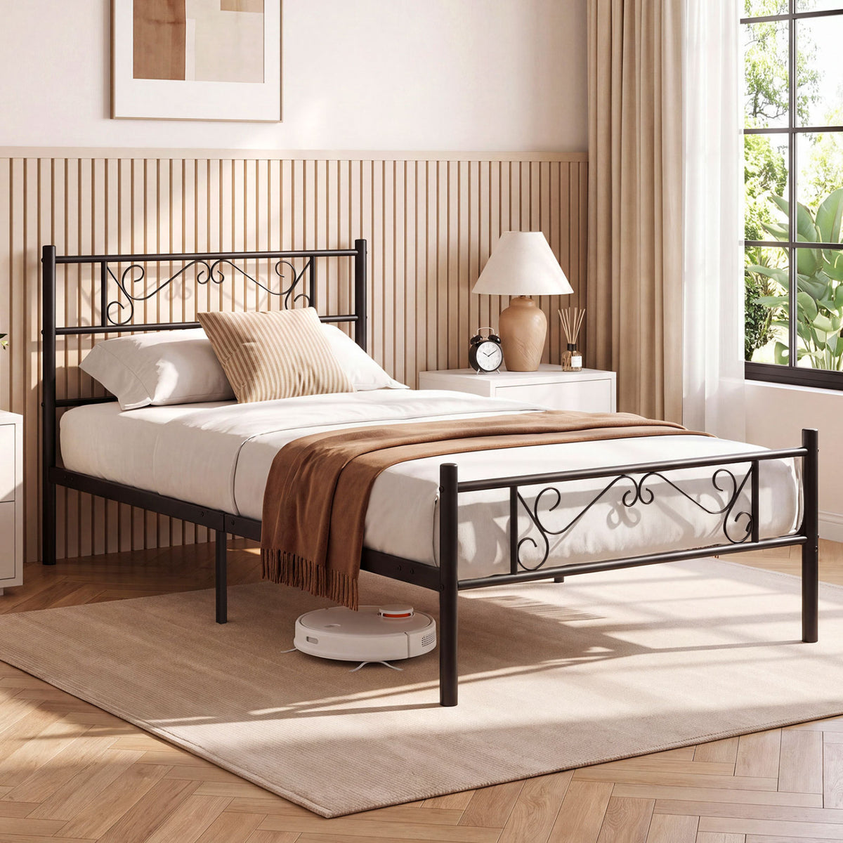 Twin Size Black Metal Bed Frame with Headboard and Footboard for Bedroom-Twin