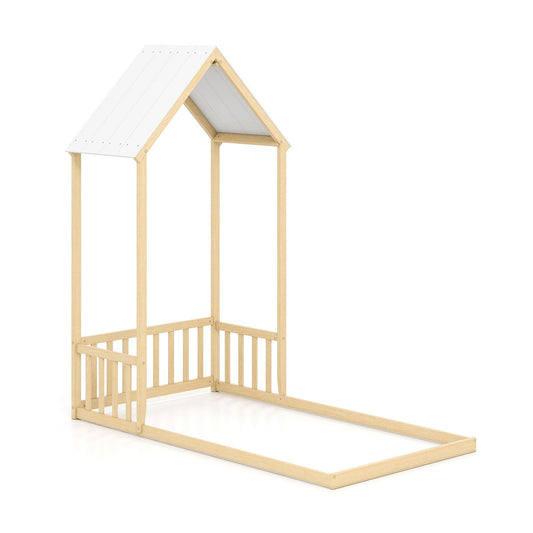 Twin Size House Bed with House Shape Roof and Semi-Fence-Natural