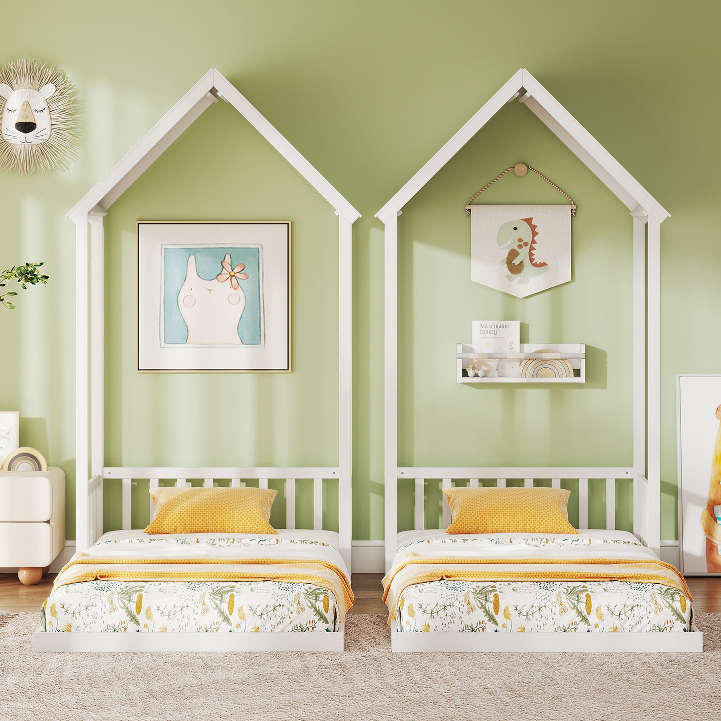 Twin Size House Bed with House Shape Roof and Semi-Fence-Natural