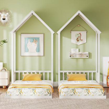 Twin Size House Bed with House Shape Roof and Semi-Fence-Natural