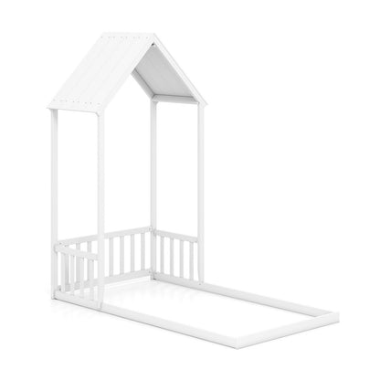 Twin Size House Bed with House Shape Roof and Semi-Fence-Natural