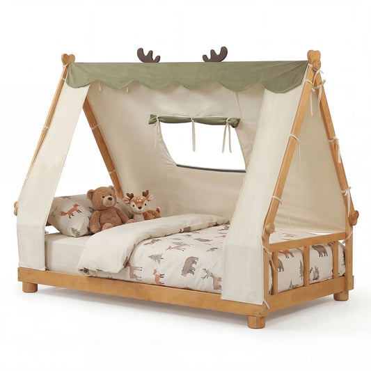 Twin Size House Floor Wood Bed with Tent-Natural