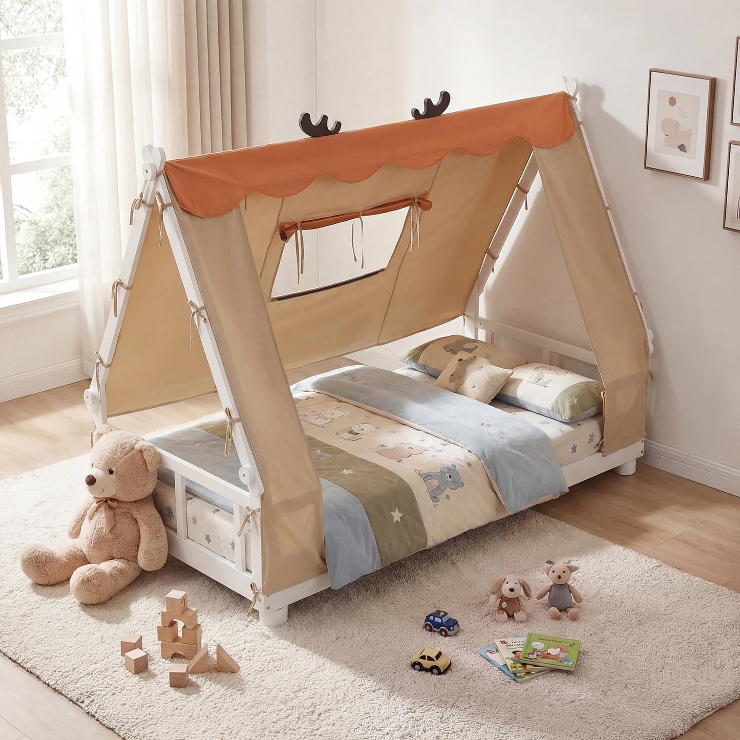 Twin Size House Floor Wood Bed with Tent-Natural