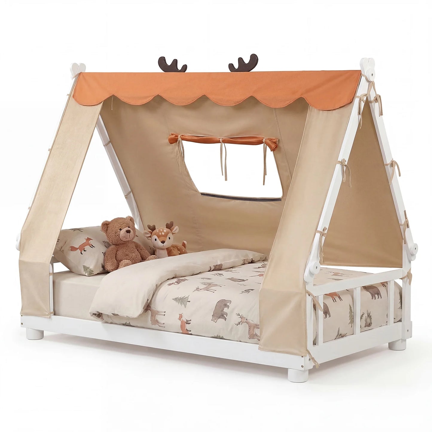Twin Size House Floor Wood Bed with Tent-Natural