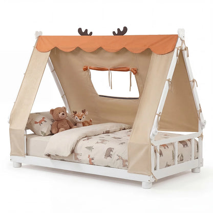 Twin Size House Floor Wood Bed with Tent-Natural