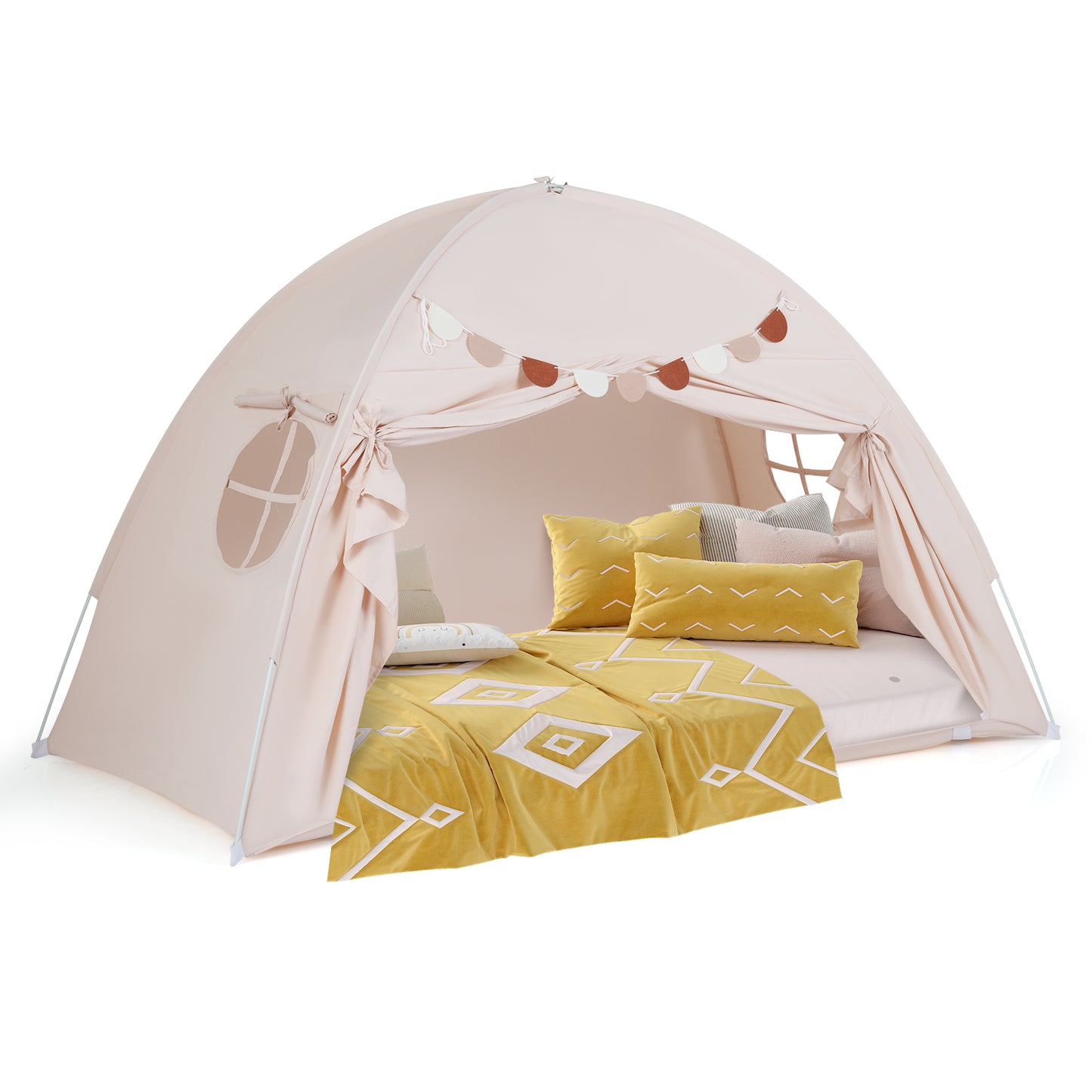 Twin Size Indoor Canopy Tent for Kids with 2 Window and Suits 3+-Beige