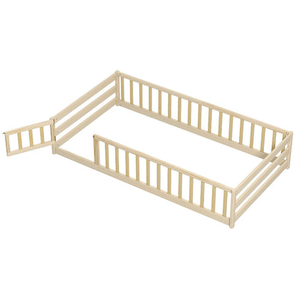 Twin Size Montessori Floor Bed Frame with Full Length Safety Guardrails-Dark Green