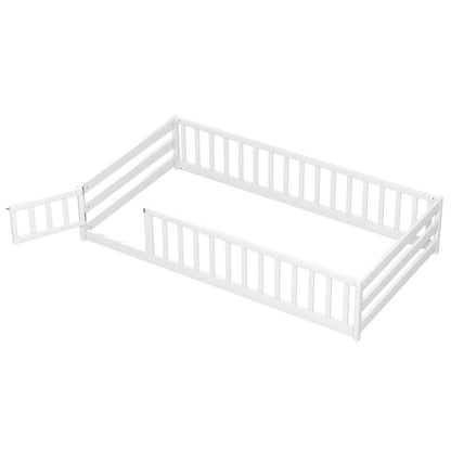 Twin Size Montessori Floor Bed Frame with Full Length Safety Guardrails-Dark Green