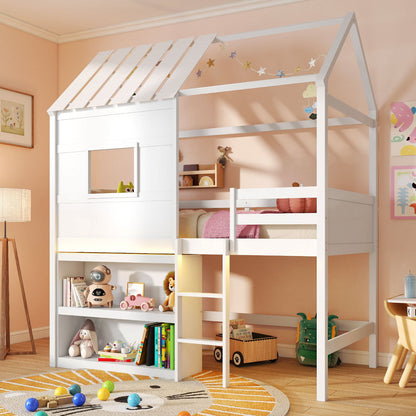 Twin Size Loft Bed with LED Lights  Roof  Window and Storage Bookshelf-White