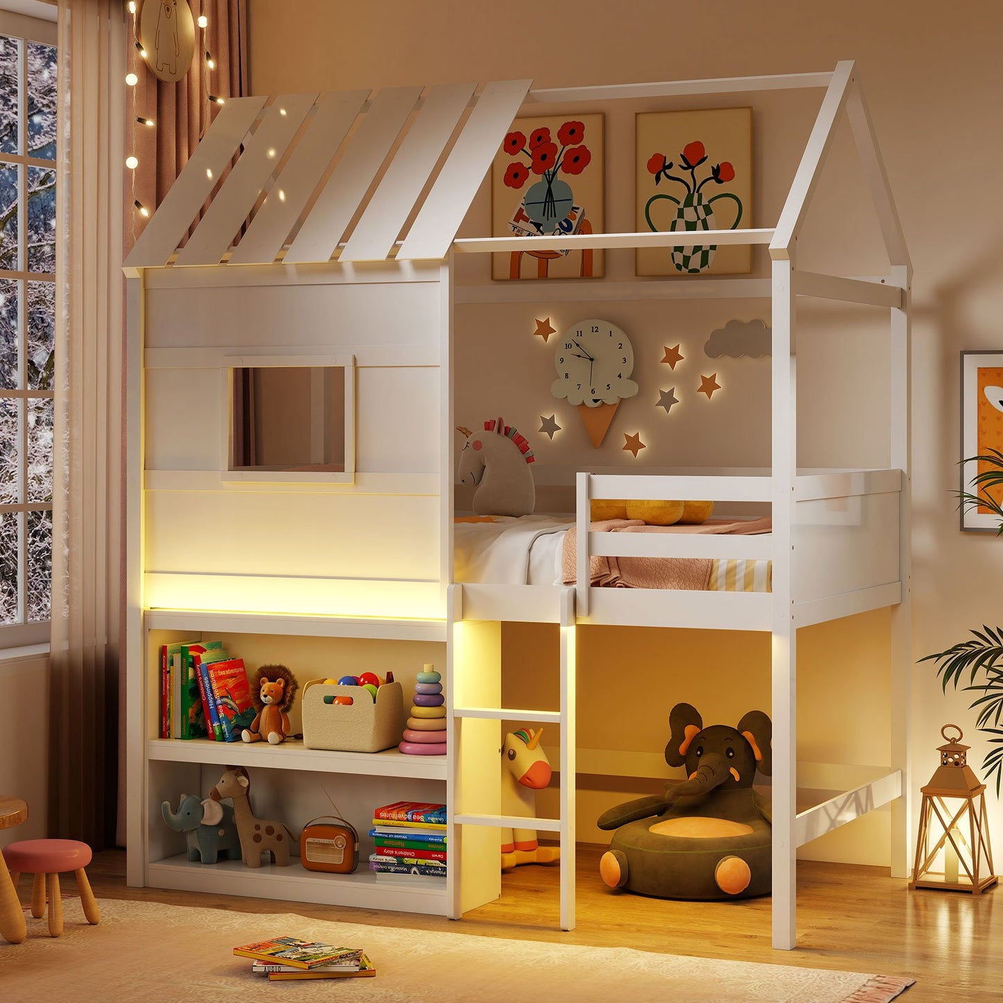Twin Size Loft Bed with LED Lights  Roof  Window and Storage Bookshelf-White