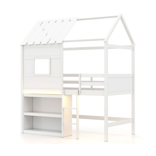 Twin Size Loft Bed with LED Lights  Roof  Window and Storage Bookshelf-White