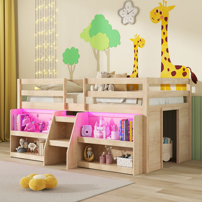 Twin size loft bed with LED lights, staircase, and safety guardrail for kids in natural finish, designed for toddler and kids rooms.