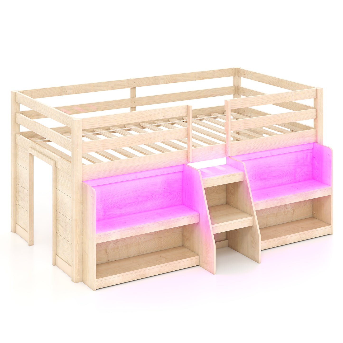 Twin size loft bed with LED lights, staircase, and safety guardrail for kids, natural wood finish, from Wilsons Home Store.