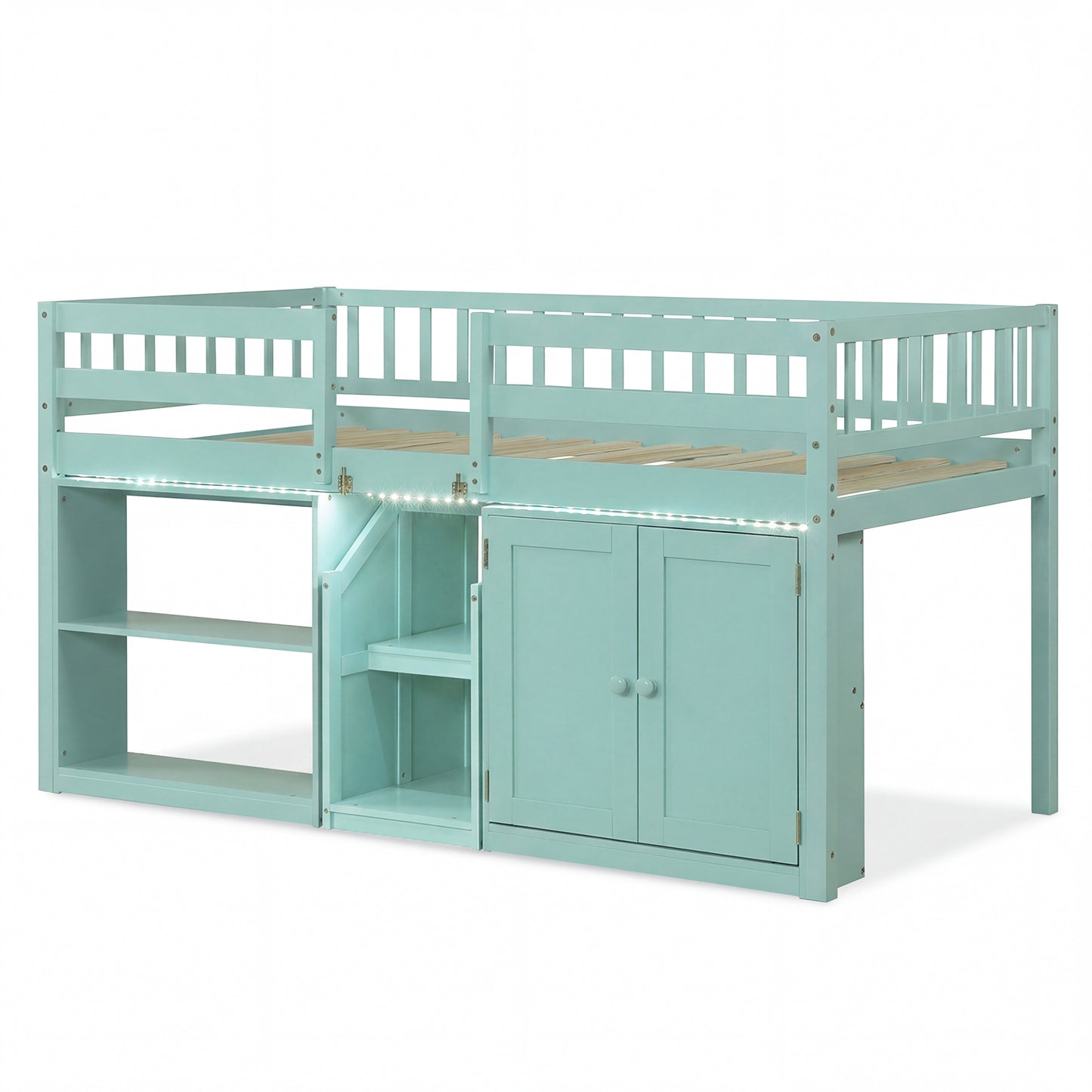 Twin Size Loft Bed with LED Lights and Kids Wooden Bed Frame-Gray