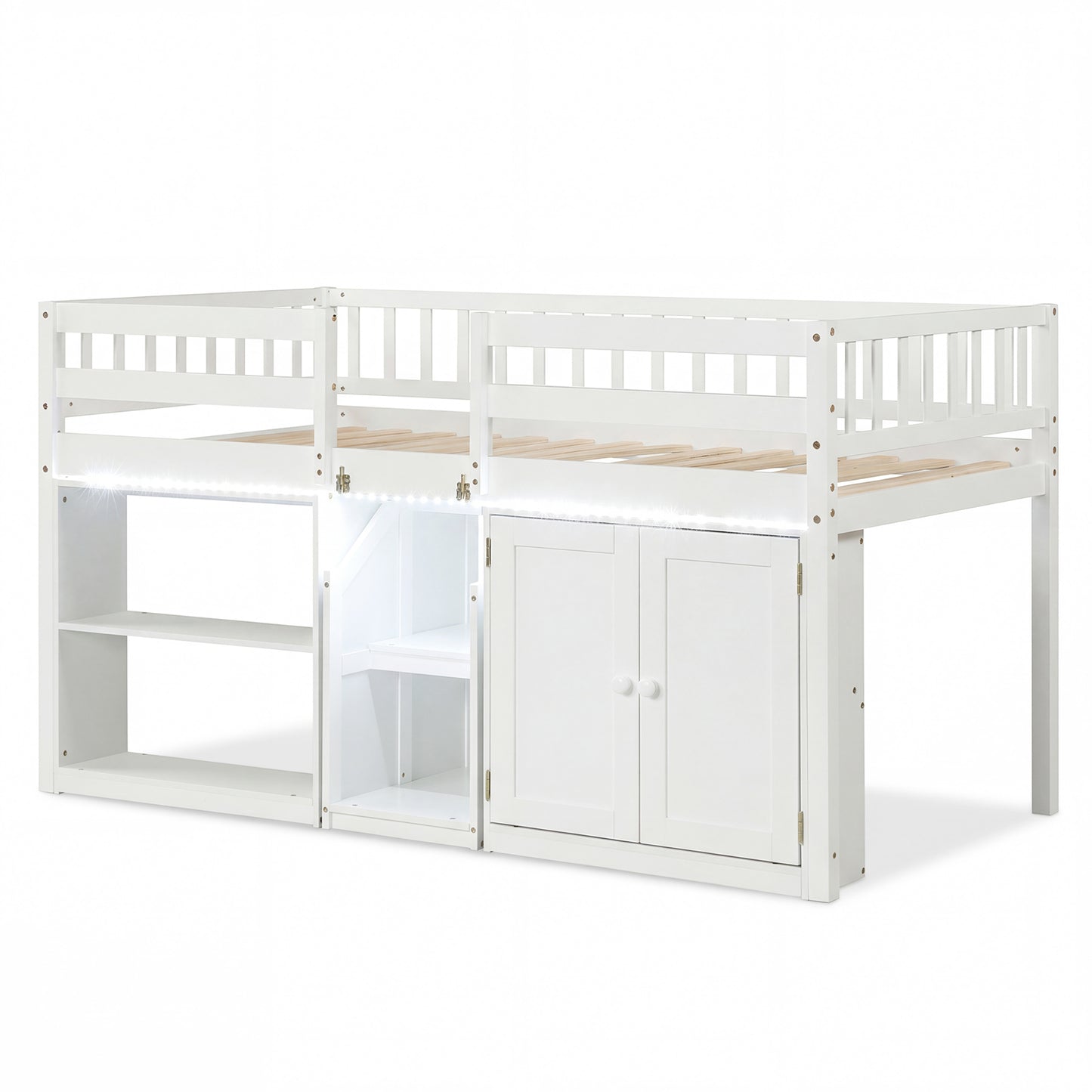 Twin Size Loft Bed with LED Lights and Kids Wooden Bed Frame-Gray